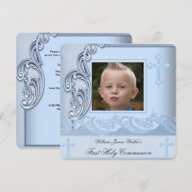 Boy First Holy Communion Blue Photo Confirmation 3 Invitation (Front/Back)