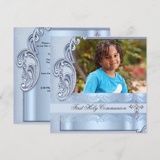 Boy First Holy Communion Blue Photo Confirmation Invitation (Front/Back)