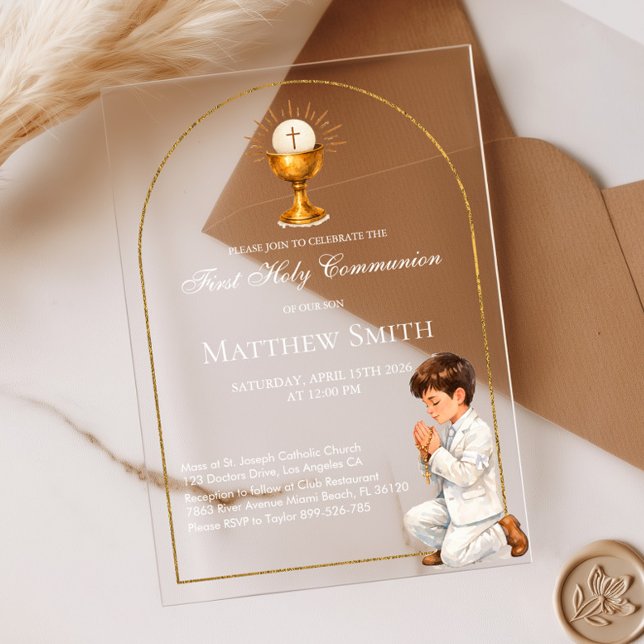 Boy First Holy Communion Gold Boho Arch & Chalice Acrylic Invitations (Creator Uploaded)