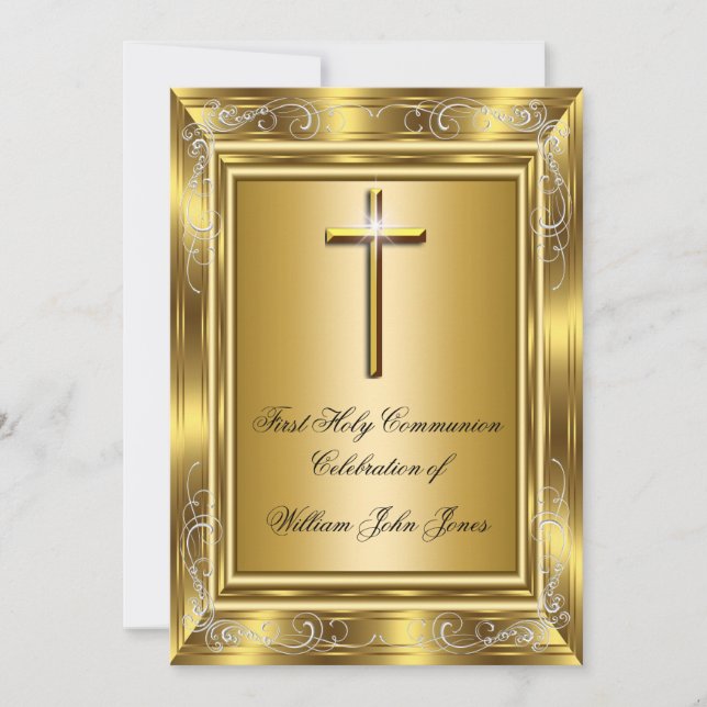 Boy First Holy Communion Gold Cross Invitation (Front)