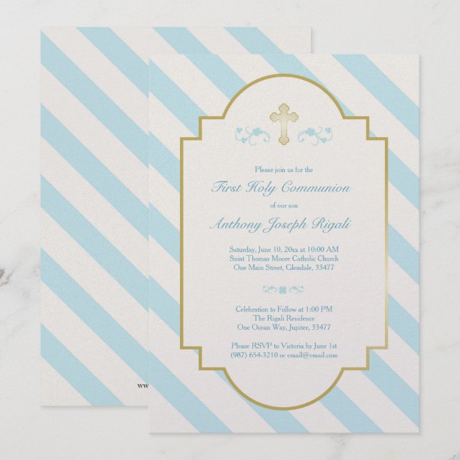 Boy First Holy Communion Invitation Blue Stripes (Front/Back)
