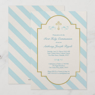 Boy First Holy Communion Invitation Blue Stripes