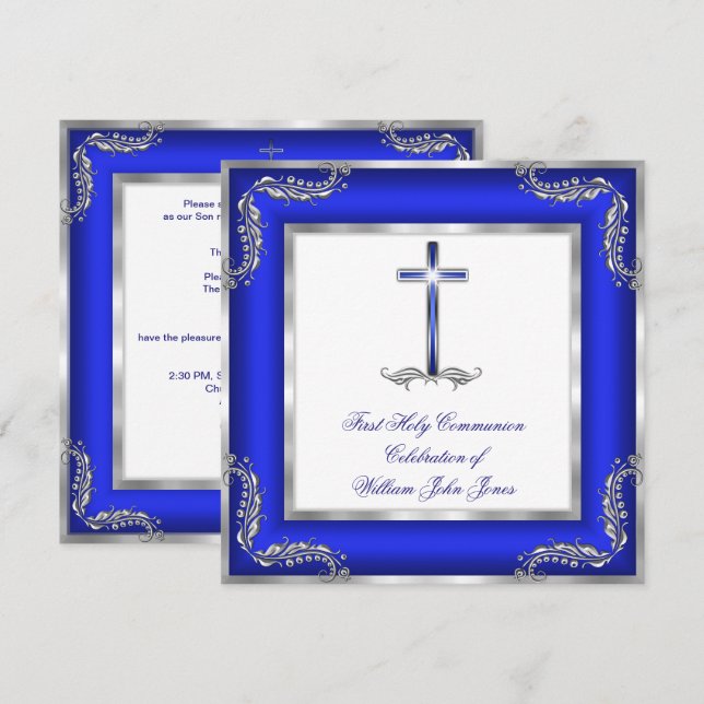 Boy First Holy Communion Royal Blue Silver White Invitation (Front/Back)