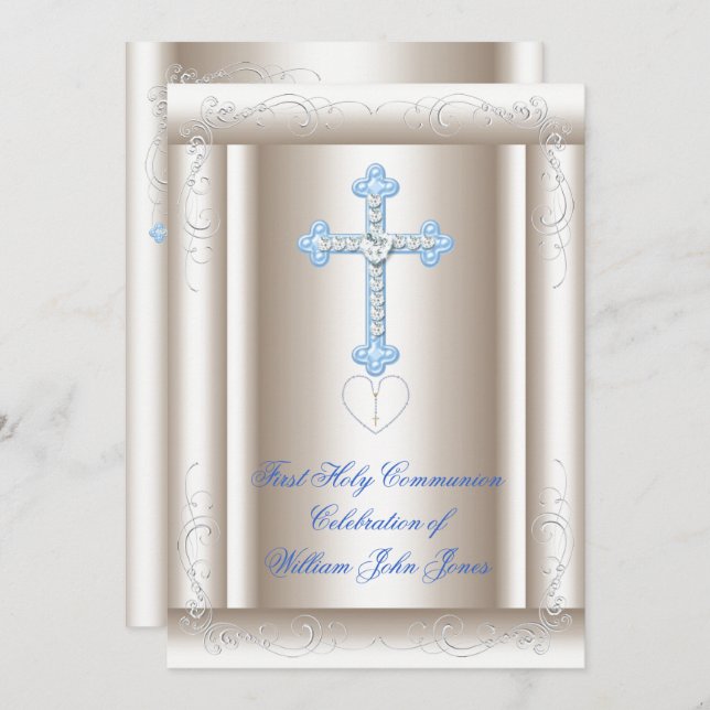 Boy First Holy Communion Sepia Blue Invitation (Front/Back)