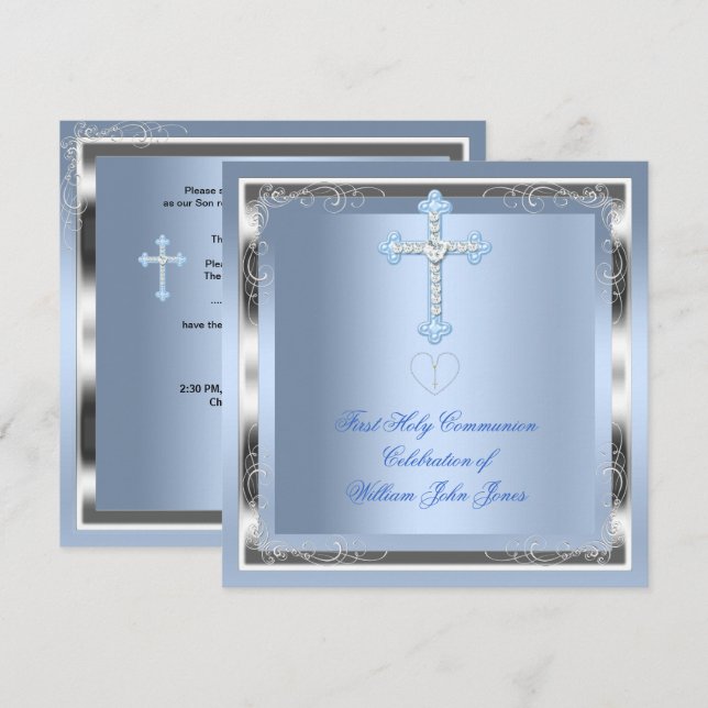 Boy First Holy Communion Silver Blue 2 Invitation (Front/Back)