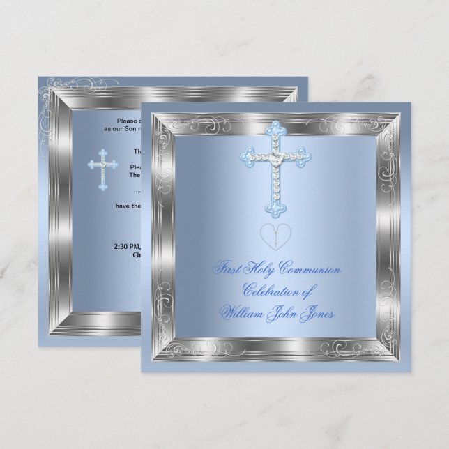 Boy First Holy Communion Silver Blue 2a Invitation (Front/Back)