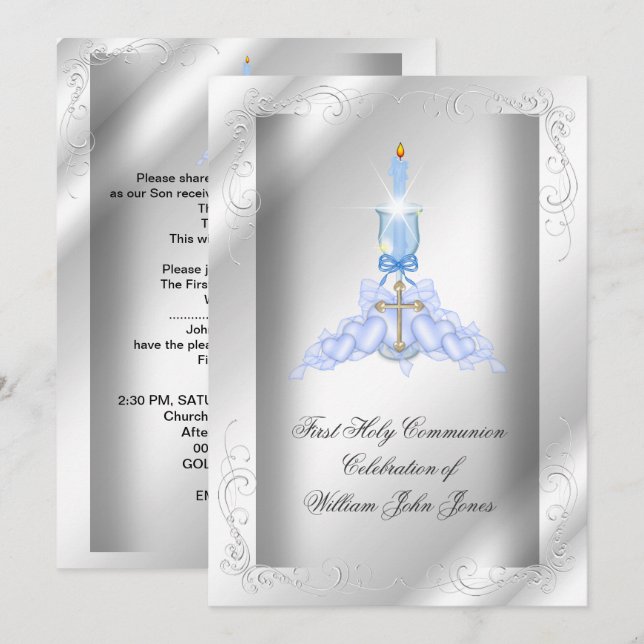 Boy First Holy Communion Silver Blue Boys Invitation (Front/Back)
