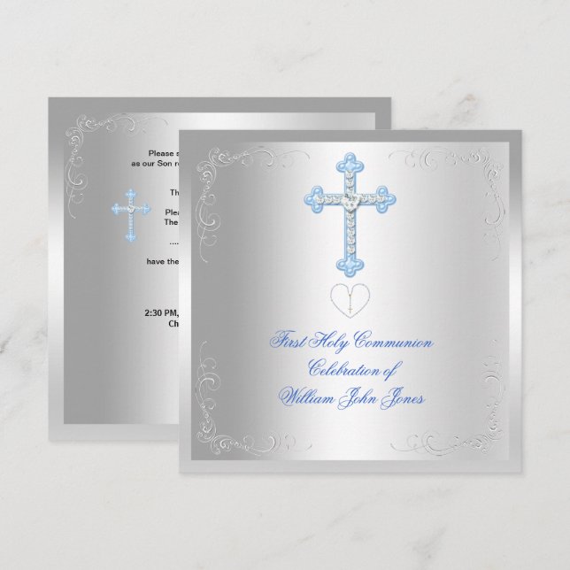 Boy First Holy Communion Silver Blue Invitation (Front/Back)