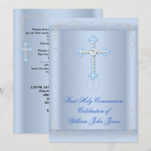 Boy First Holy Communion Silver Blue Invitation