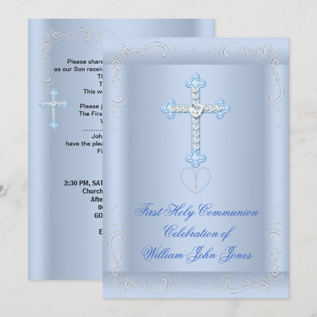 Boy First Holy Communion Silver Blue Invitation (Front/Back)