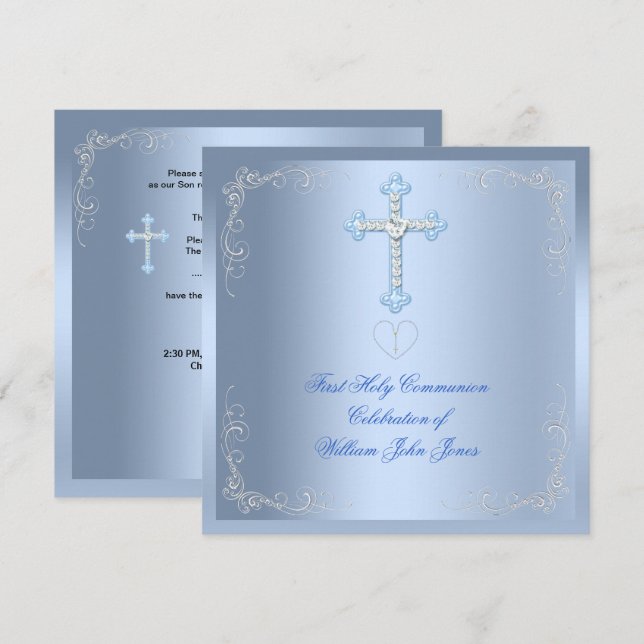 Boy First Holy Communion Silver Blue Invitation (Front/Back)