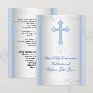 Boy First Holy Communion Silver Blue Invitation