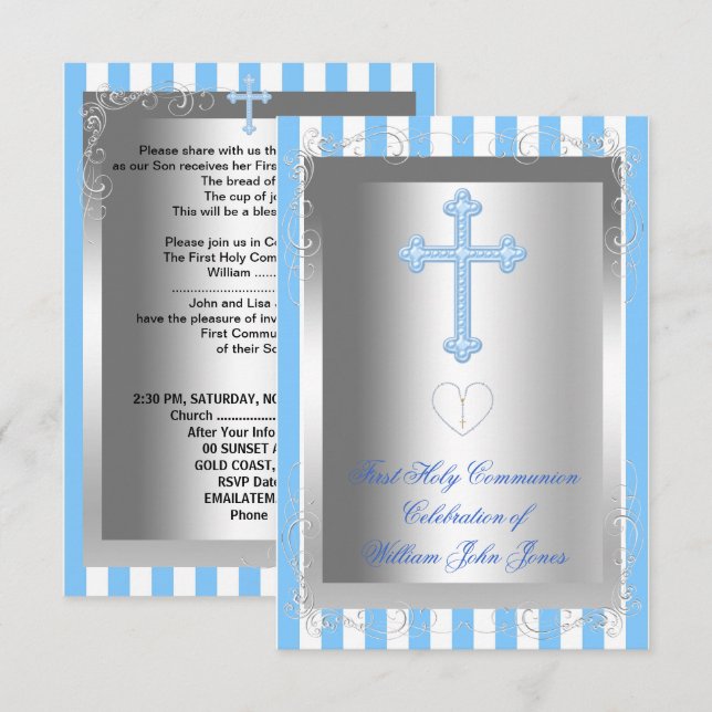 Boy First Holy Communion Silver Blue Stripe Invitation (Front/Back)