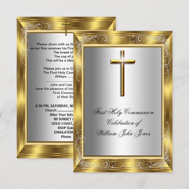 Boy First Holy Communion Silver Gold Cross 2 Invitation (Front/Back)