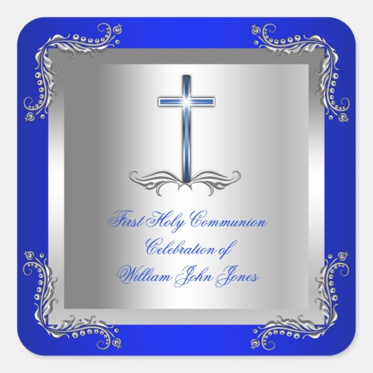 Boy First Holy Communion Silver Royal Blue 2T Square Sticker