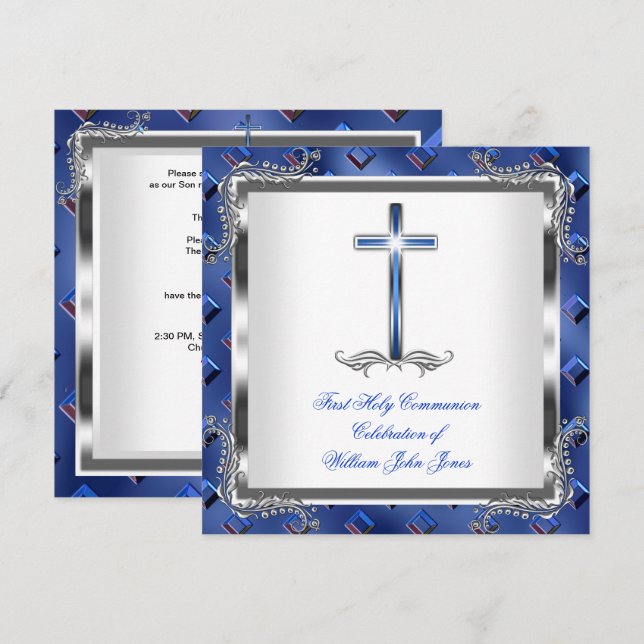 Boy First Holy Communion Silver Royal Blue 3 Invitation (Front/Back)