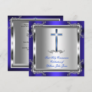 Boy First Holy Communion Silver Royal Blue 3b Invitation