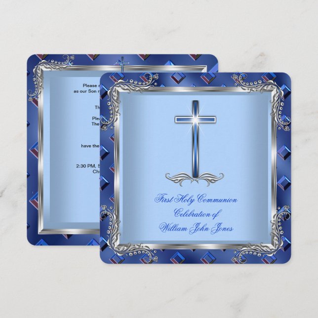 Boy First Holy Communion Silver Royal Blue 4B Invitation (Front/Back)