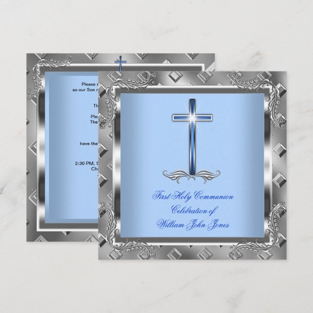 Boy First Holy Communion Silver Royal Blue 5 Invitation (Front/Back)