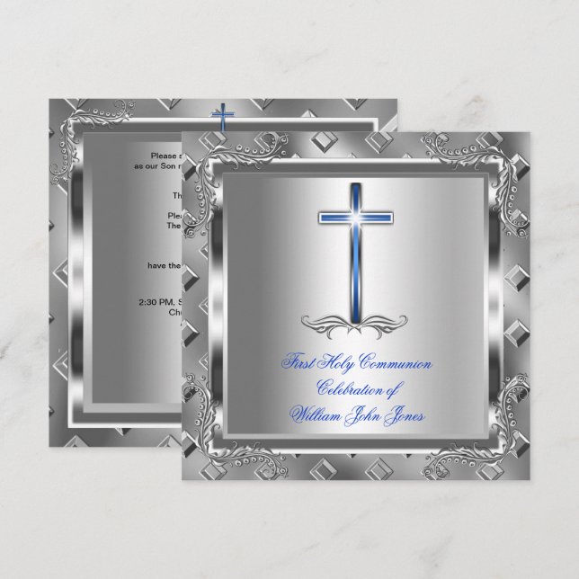 Boy First Holy Communion Silver Royal Blue 6 Invitation (Front/Back)