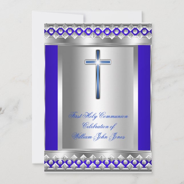 Boy First Holy Communion Silver Royal Blue Metal Invitation (Front)