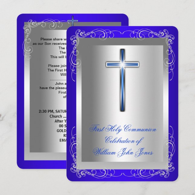 Boy First Holy Communion Silver Royal Blue Rounded Invitation (Front/Back)