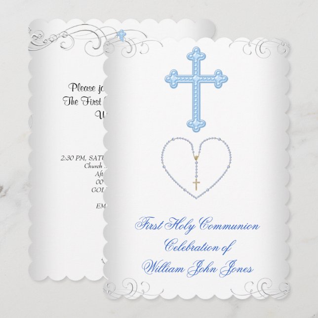 Boy First Holy Communion White Blue Silver Invitation (Front/Back)