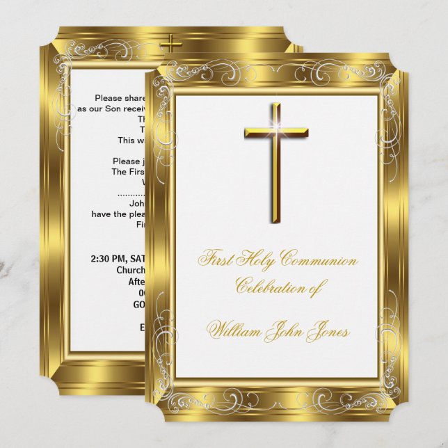 Boy First Holy Communion White Gold Cross 2 Invitation (Front/Back)