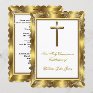Boy First Holy Communion White Gold Cross 3 Invitation