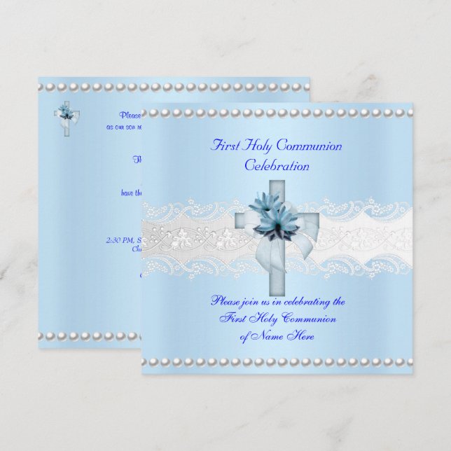 Boy First Holy Communion White Lace Blue Pearl Invitation (Front/Back)