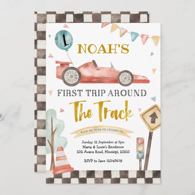 Boy First Racing Birthday Invitation (Front/Back)