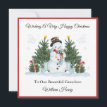 Boy First Second Third Christmas Snowman Card<br><div class="desc">This Christmas card is suitable for a boy on their first,  second or third Christmas. The design includes a red border outline,  light blue snowflakes,  watercolour Christmas trees,  candy canes,  presents and snowman.</div>