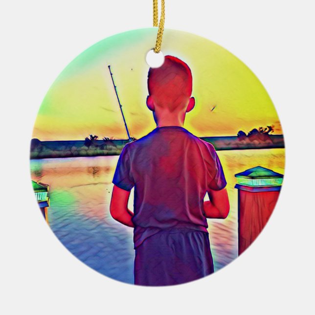 Boy fishing ceramic tree decoration (Front)