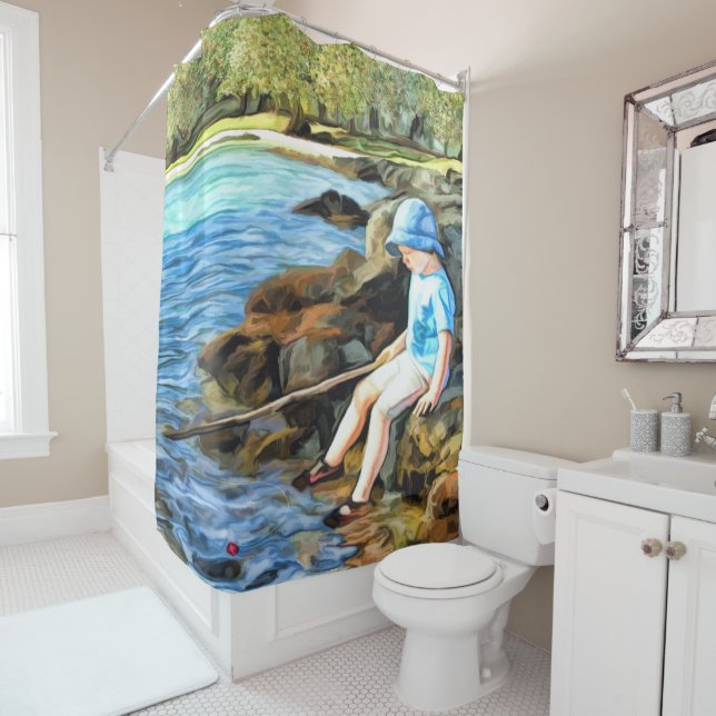 Boy fishing in a river shower curtain (In Situ)