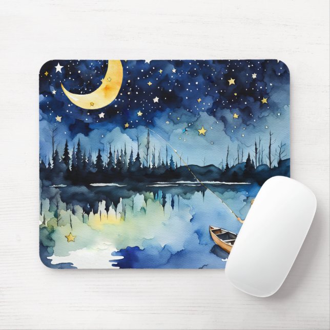 Boy Fishing Under Crescent Moon Mouse Mat (With Mouse)