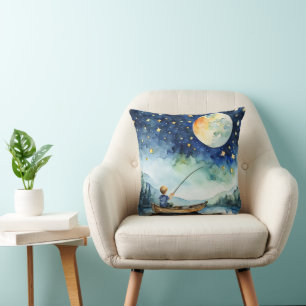 Boy Fishing Under Moon Watercolor Cushion