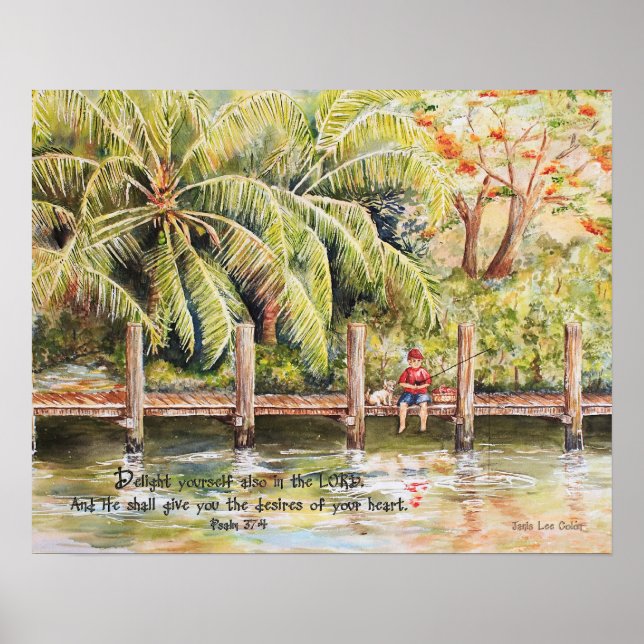 Boy Fishing with Dog Psalm 37:4 Poster (Front)