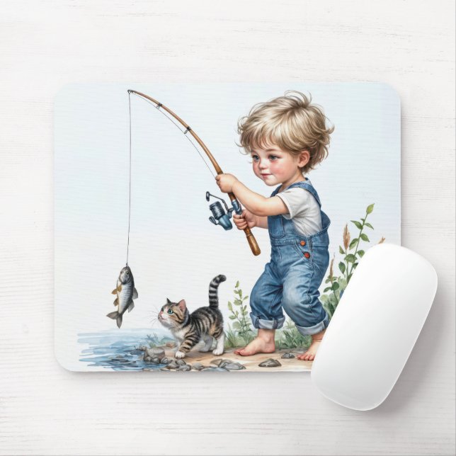 Boy Fishing With Kitten Mouse Mat (With Mouse)