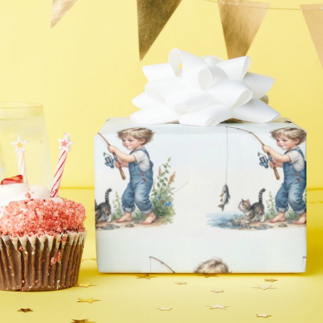 Boy Fishing With Kitten Wrapping Paper (Birthday Party)