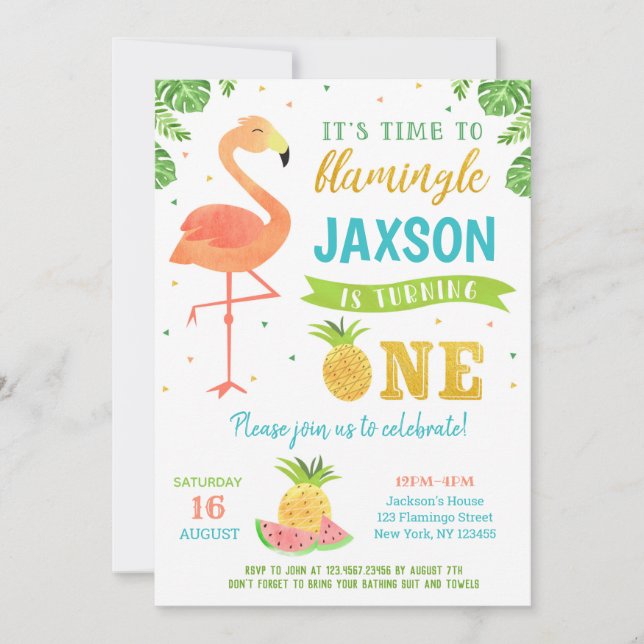 Boy Flamingo Luau First 1st Birthday Invitations (Front)