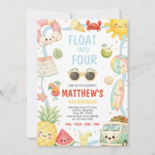 Boy FLOAT into FOUR pool party birthday invitation