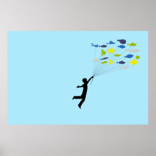 Boy Floating Away Holding Tropical Fish Balloons Poster