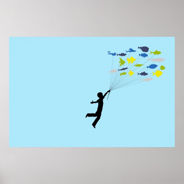 Boy Floating Away Holding Tropical Fish Balloons Poster (Front)