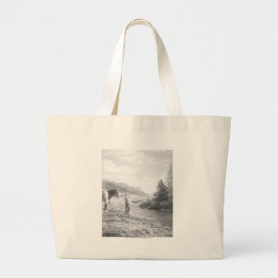 Boy fly fishing. large tote bag