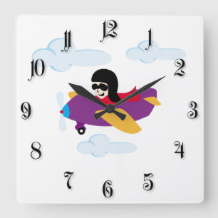 Boy flying by plane square wall clock