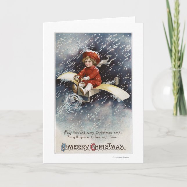Boy Flying Make-Shift Aeroplane Holiday Card (Front)