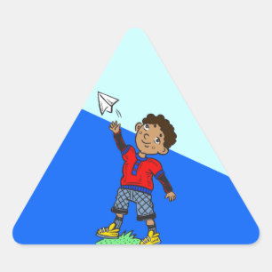Boy Flying Paper Aeroplane Triangle Sticker
