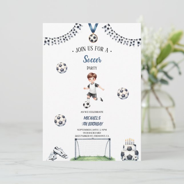 boy football soccer birthday invitation (Standing Front)