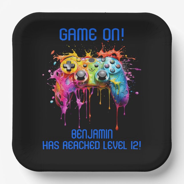 Boy Gamer Blue Video Game Party Paper Plate (Front)