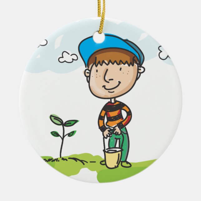 Boy gardening, tree planting ceramic tree decoration (Front)
